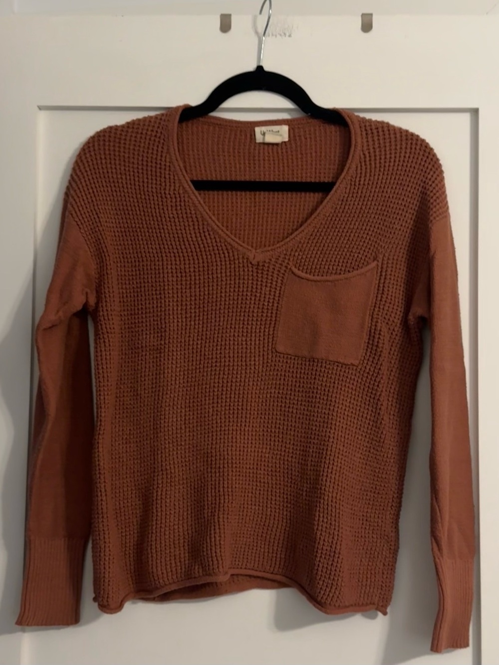 UpWest Women's V‑Neck Waffle Knit Pocket Sweater - Rust